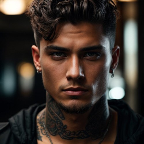 Sexy Bad Boy mit Tattoos und schwarzen Haaren und maskulinem Gesicht in die Kamera