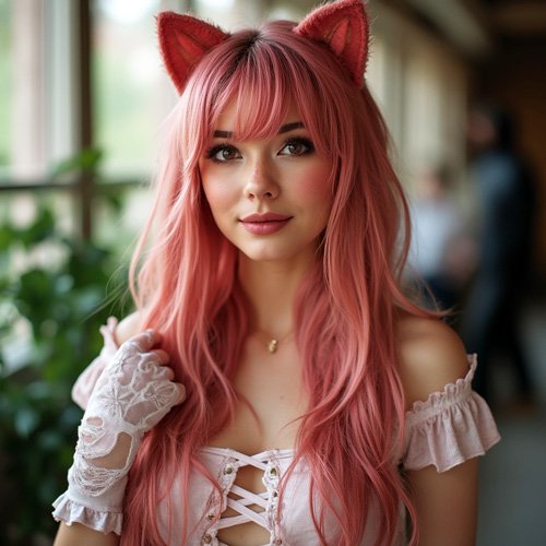 Sexy Cosplay Girl with pink hair and cat ears