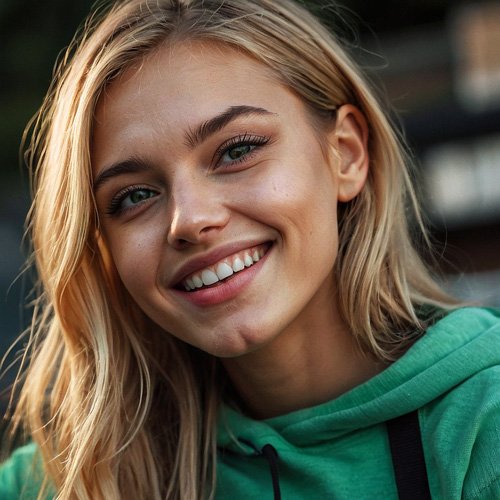 Cute woman with blonde hair and green eyes grins into the camera