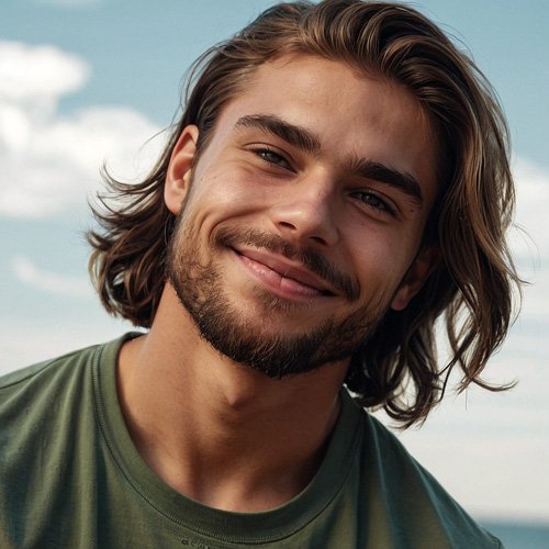 Attractive young man with long hair, beard and brown eyes