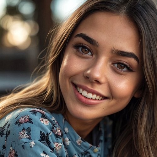 Cute woman with brown hair and brown eyes in pajamas grins into the camera