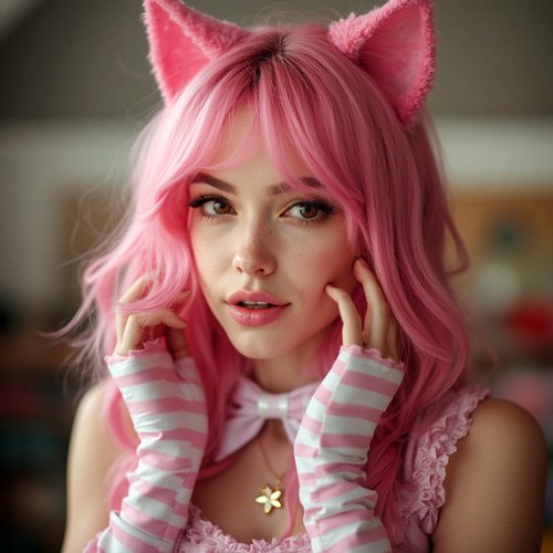 Attractive young woman with pink hair and pink cat ears in sexy cosplay outfit