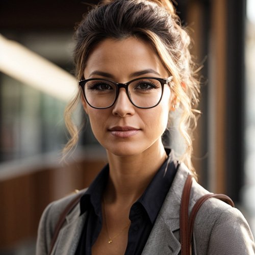 Hübsche Frau mit Brille und braunen Haaren in einem eleganten Outfit