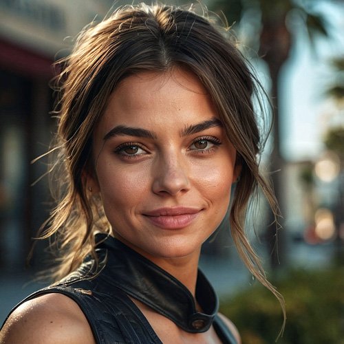 Lovely woman with brown hair and brown eyes outside in front of palm trees