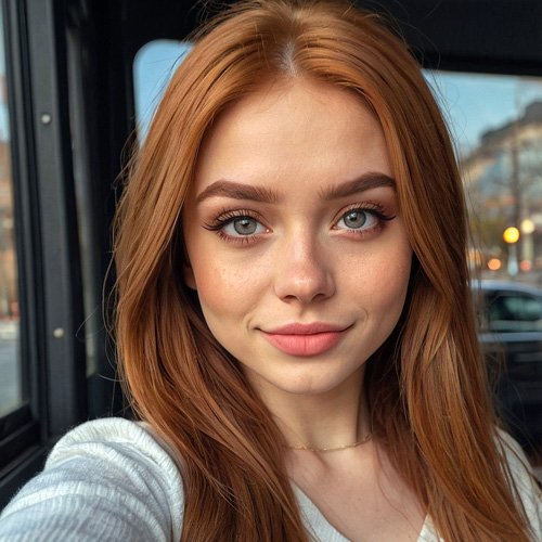 Attractive red-haired woman with gray eyes and a beautiful face