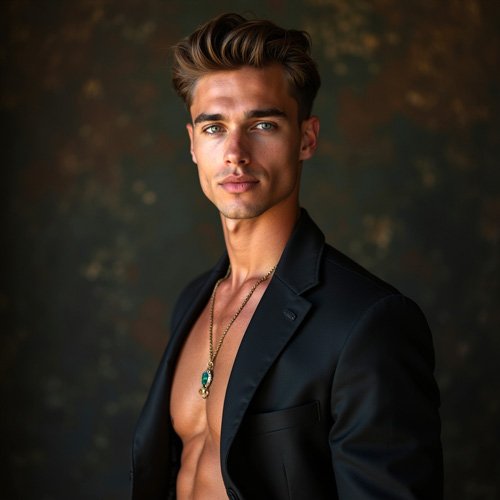 Sexy young man with naked upper body and attractive face in jacket