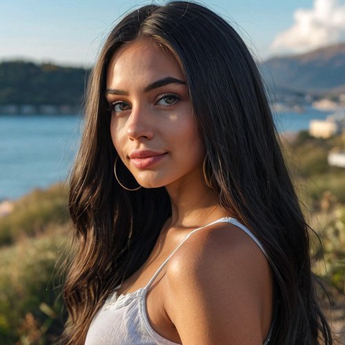 Attraktive Frau mit dunkelbraunen Haaren und weißem Top am Strand