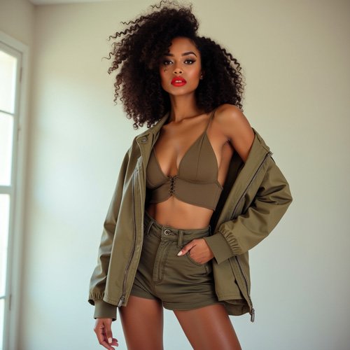 Spicy Frau mit schönem Gesicht und afro Haar in crop top und Shorts