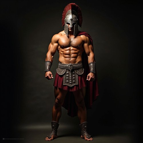 Muscular gladiator from ancient Rome in full battle gear