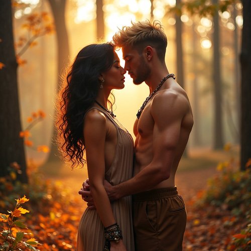 Sexy woman and attractive man with naked upper body kissing in the forest