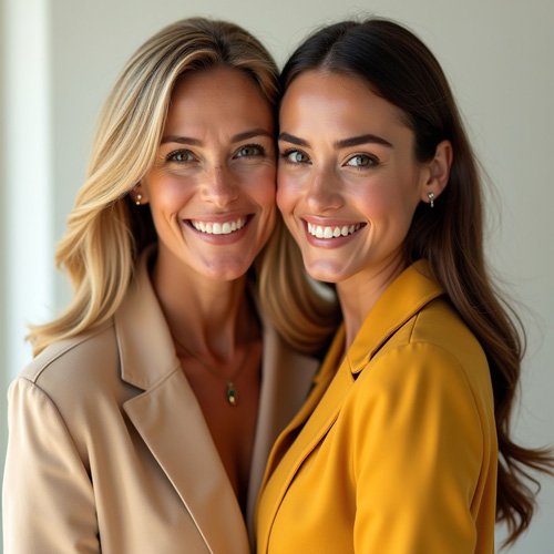 Attractive mother with blonde hair and beige jacket stands next to her hot brown-haired and adult daughter