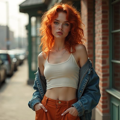 Gutaussehende junge Frau mit roten gelockten Haaren, weißem Crop Top, Jeans-Jacke und roter Hose draußen