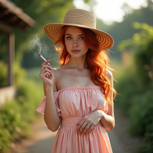 Attractive woman with a summer hat and red hair stands outside in a pink dress and smokes