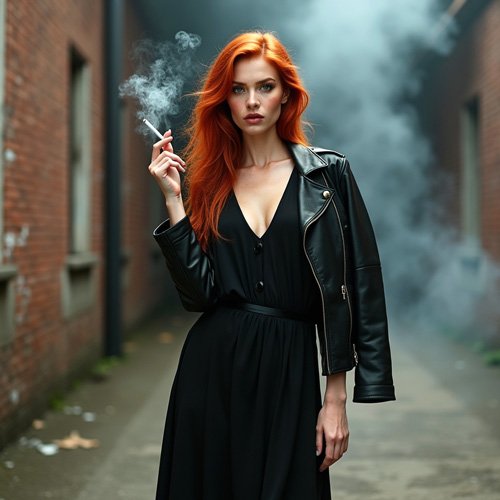 Sexy red-haired woman with black dress and leather jacket stands in an alley and smokes a cigarette