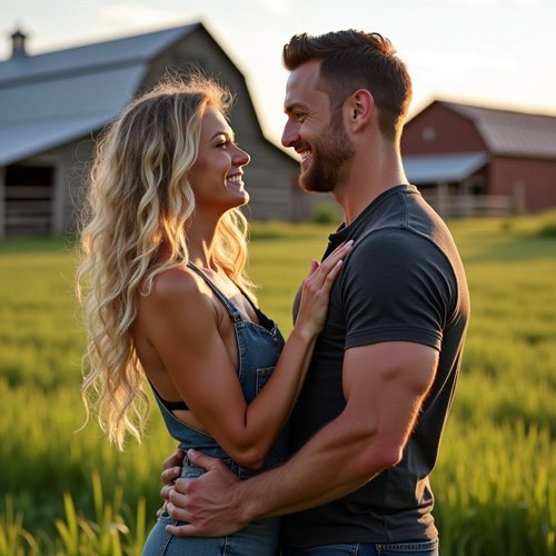 Cute couple: Pretty young woman with blonde hair and attractive man with brown hair stand opposite each other on a farm in love