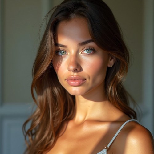 Hot sexy young woman with brunette hair and blue-green eyes
