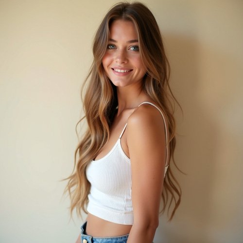 Süße junge Frau mit brünetten Haaren, weißem Crop Top, blauer Jeans und schönem Gesicht