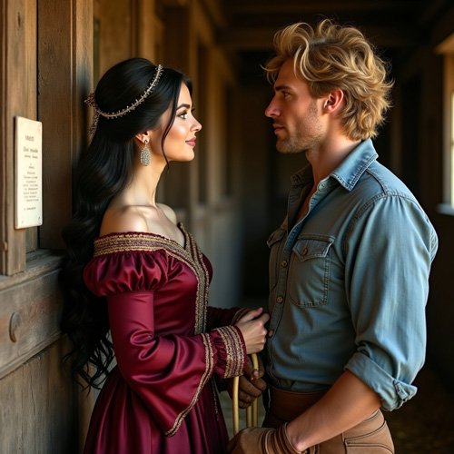 Attractive noblewoman in a burgundy dress stands opposite a handsome stable boy in a stable