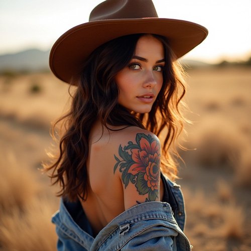 Sexy Cowgirl mit braunem Cowboyhut, dunkelbraunen Haaren und tätowiertem Oberarm auf einem Feld