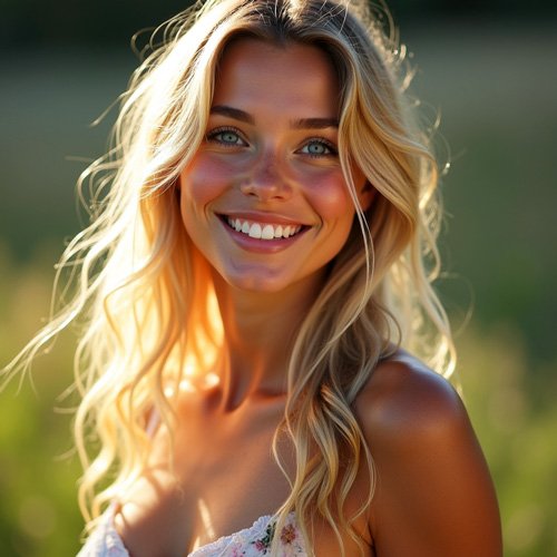 Schöne schwedische Frau mit blondem Haar und großem Lächeln