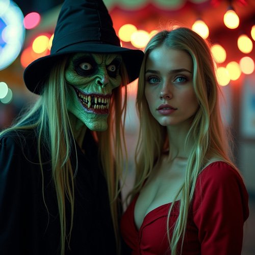 Karneval Versohlen: Hexe neben sexy blonder Frau