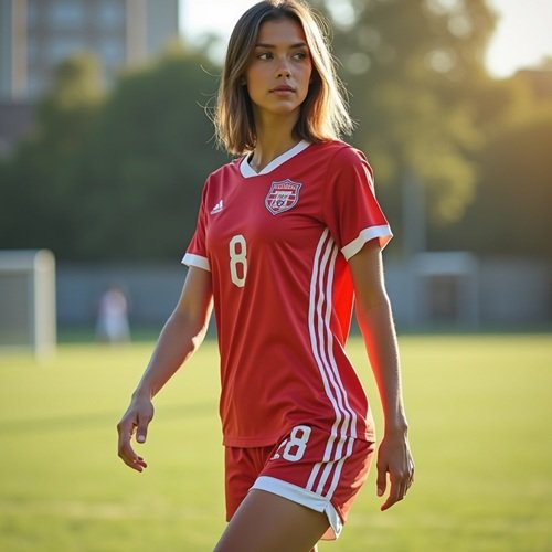 Sexy Fußballspielerin in rotem Trikot