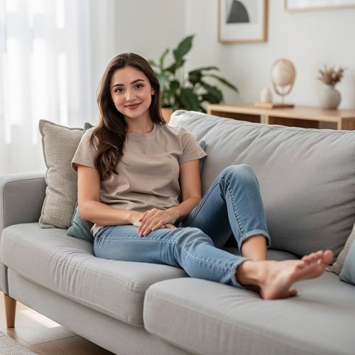 Mujer guapa en el sofá
